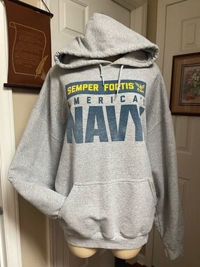 Gildan Gray 'America's NAVY' Semper Fortis Hooded Sweatshirt with Yellow Accent